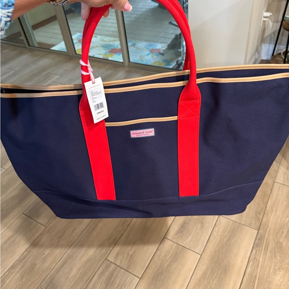 Vineyard Vines Navy Canvas Tote with Red Handles and Tan Trim